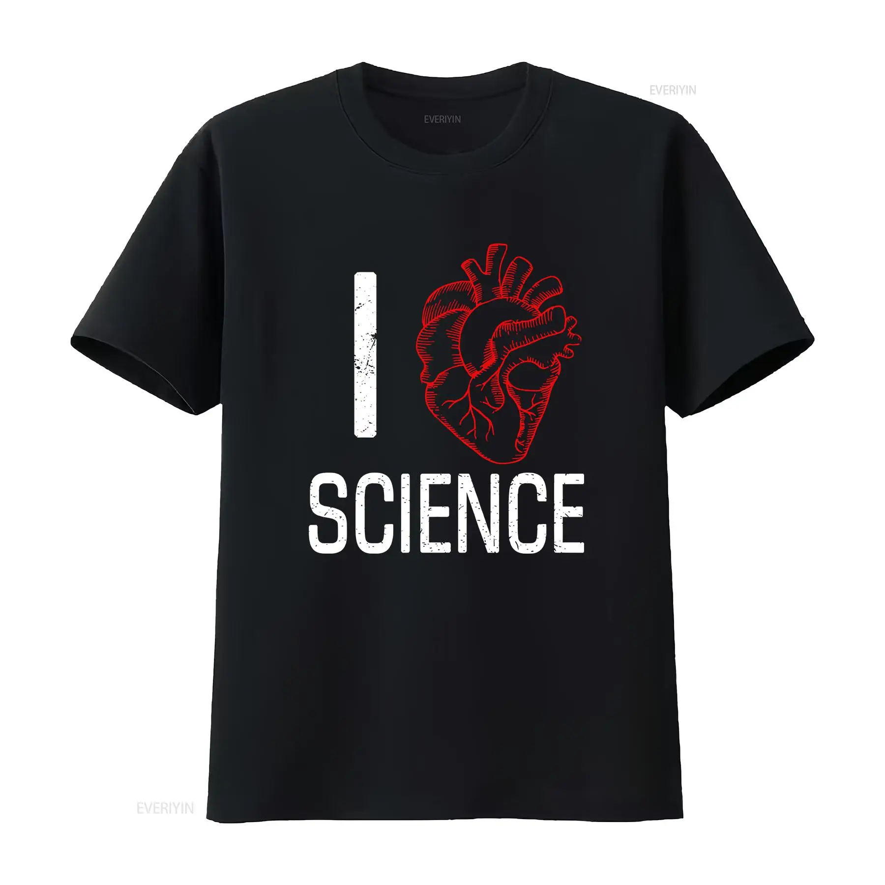 Vintage Fashion Research - 「科学大好き」Tシャツ。研究、学習、愛、生物学、化学、物理学をテーマにした、ヴィンテージ風のウォッシュ加工が施された、柔らかい素材で、通気性に優れた、グラフィックが特徴的なファッションアイテム。
