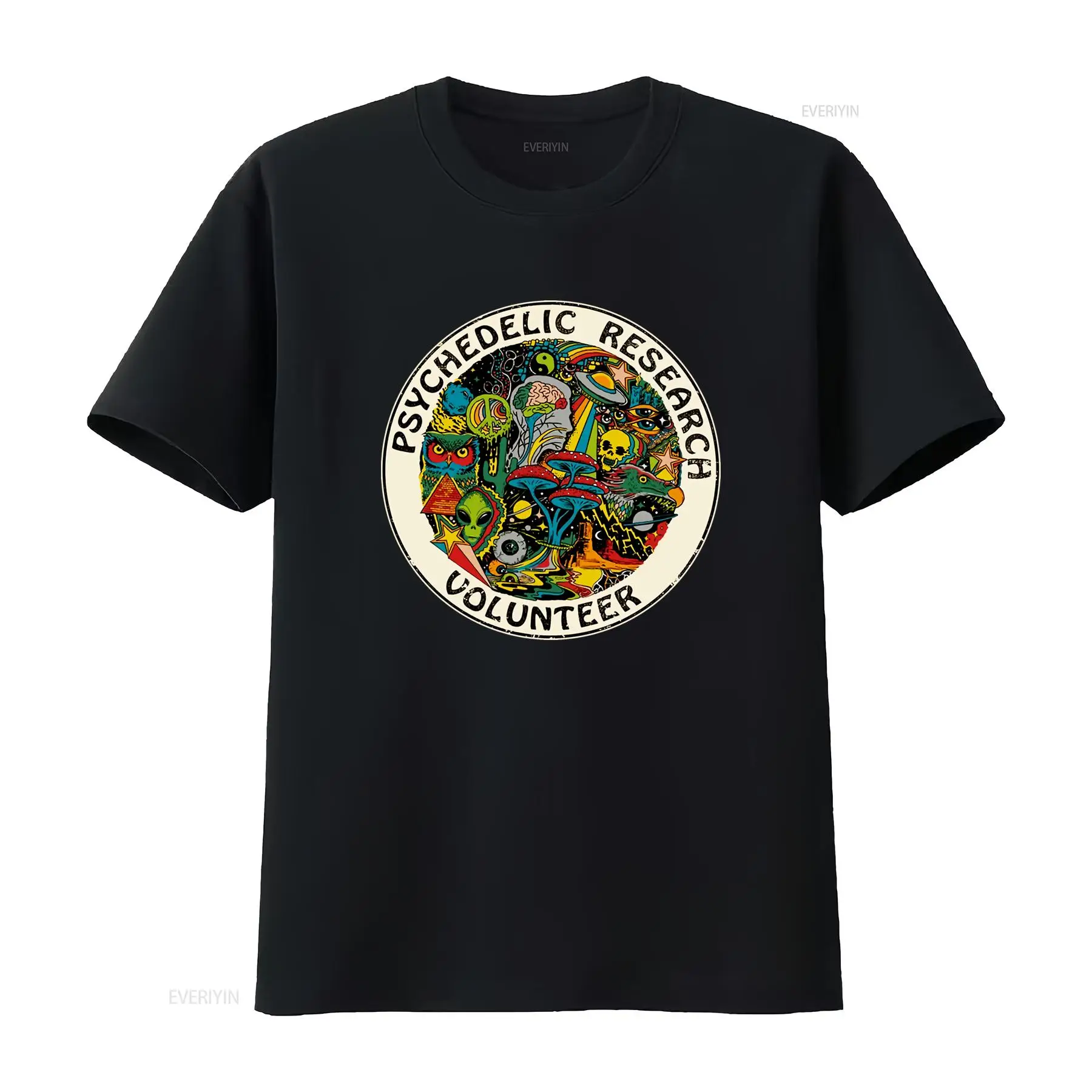Vintage Fashion Research - サイケデリック・リサーチ・ボランティアTシャツ。ヴィンテージ風のウォッシュ加工グラフィックが施された、クールなデザイン。柔らかく、多様なスタイルに合わせやすく、快適な着心地のストリートウェア。