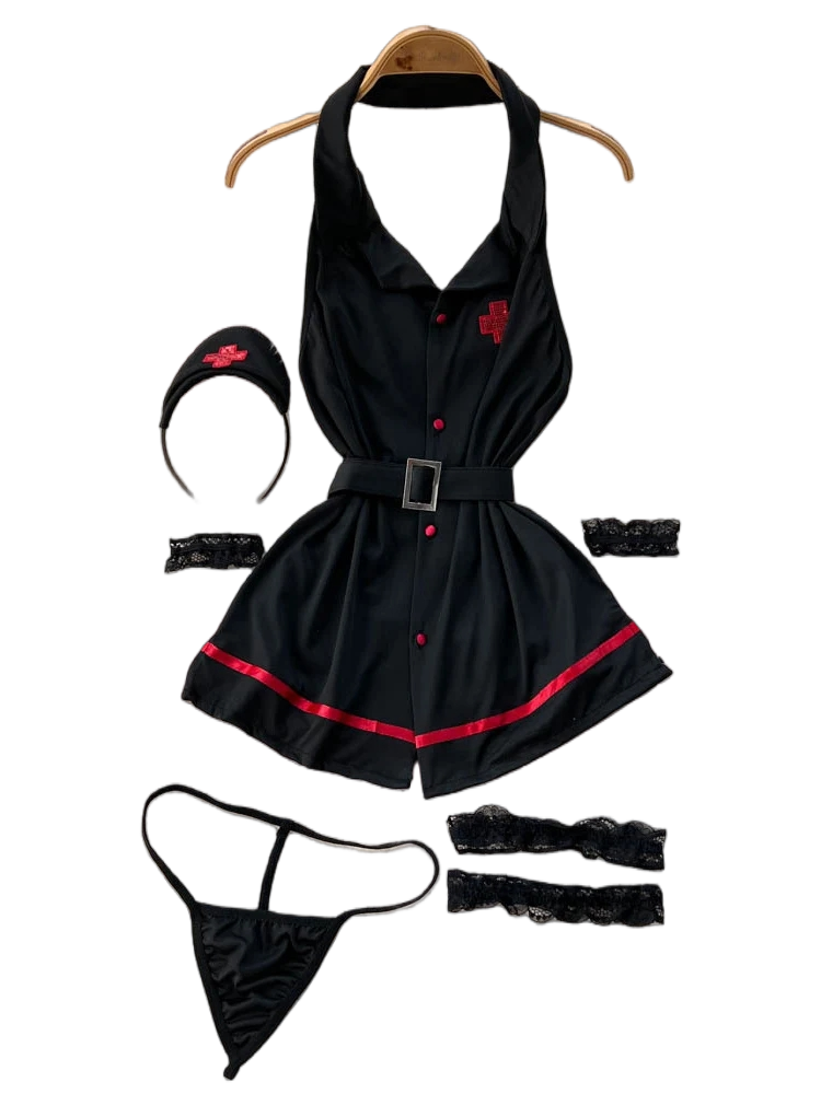 Vintage Fashion Dresses - エロティックファッションセクシーなホルターランジェリードレス夏 V ネックヴィンテージベルトスリムランジェリー女性背中の開いたセクシュアリティクラブランジェリーセット