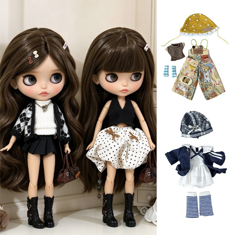 Vintage Fashion Stores - ブライス人形用、ヴィンテージ風ドット柄スカート、ベスト、チェック柄ニットコート、靴のセット。OB24、OB22、スモールサイズ、1/6スケール、アゾン人形用。