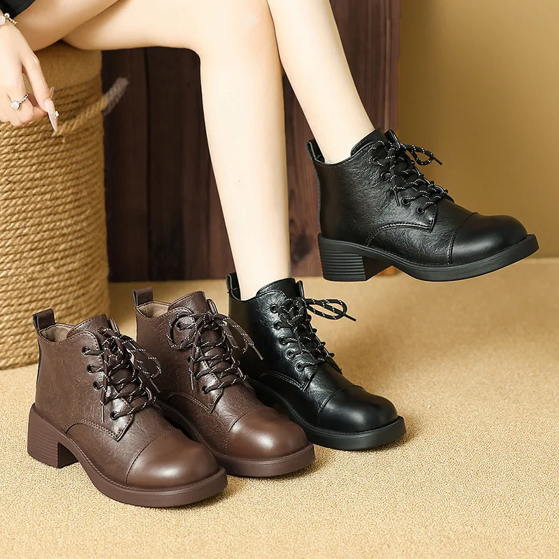 女性ショートブーツ秋冬新ファッションレースアップヴィンテージ - Vintage Outdoor Fashion のレビューと価格